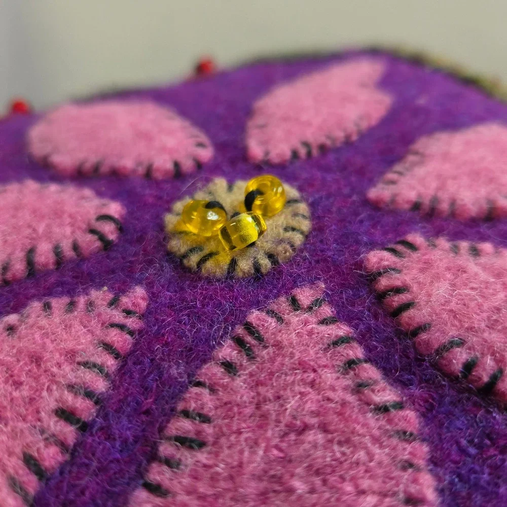 Handmade Purple Wool Felt Floral Pillow Velvet Hippie 9 Inch